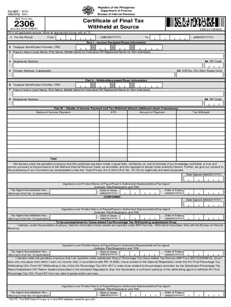 2018 2024 PH BIR Form No 2306 Fill Online Printable Fillable Blank
