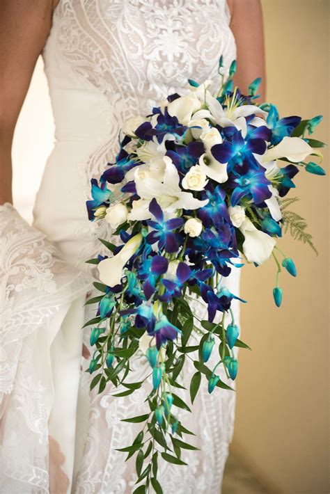 White Cascading Bridal Bouquets Blue Orchid Wedding White Calla Lily