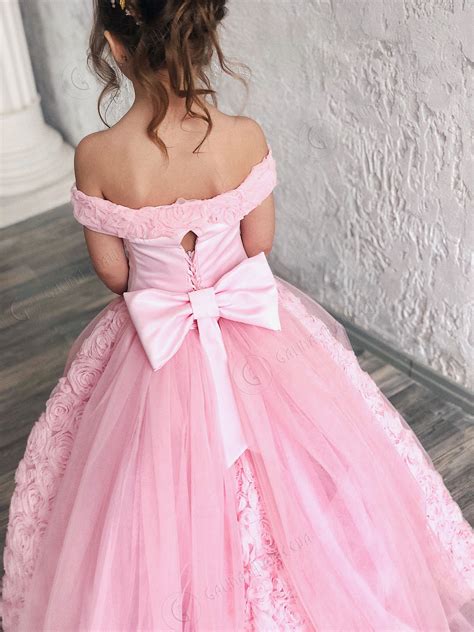 Luxury Pink Flower Girl Dress Long Train Open Shoulders Dress