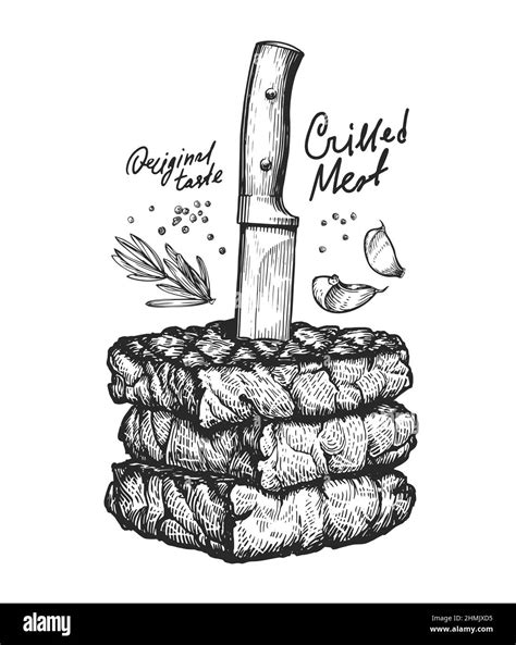 knife and steaks vector sketch cooking meat for barbecue vintage style illustration stock