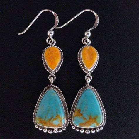 Navajo Kingman Turquoise Spiny Oyster Earrings By Ruth Ann Begay