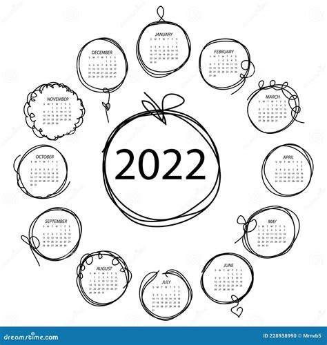 Calendario 2022 Plantilla Vectorial En Blanco Y Negro Con Marcos