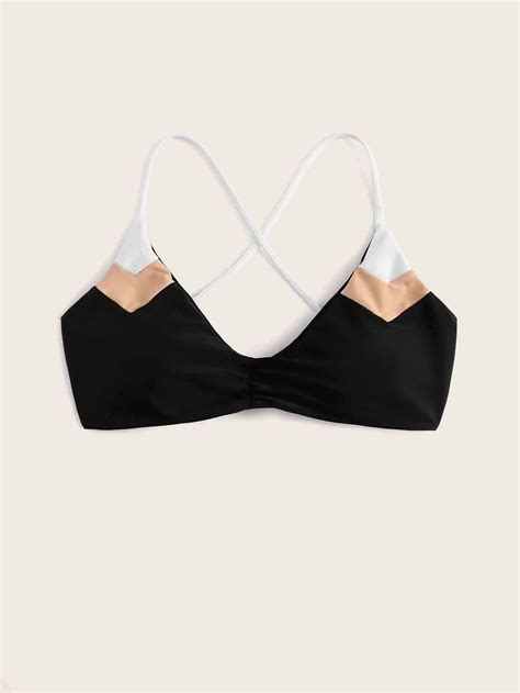 Black Color Block Laced Up Back Bikini Top In 2020 Bikinis Bikini