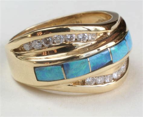 Australian Opal Diamond Inlay Inlaid Ring 14k Gold Etsy