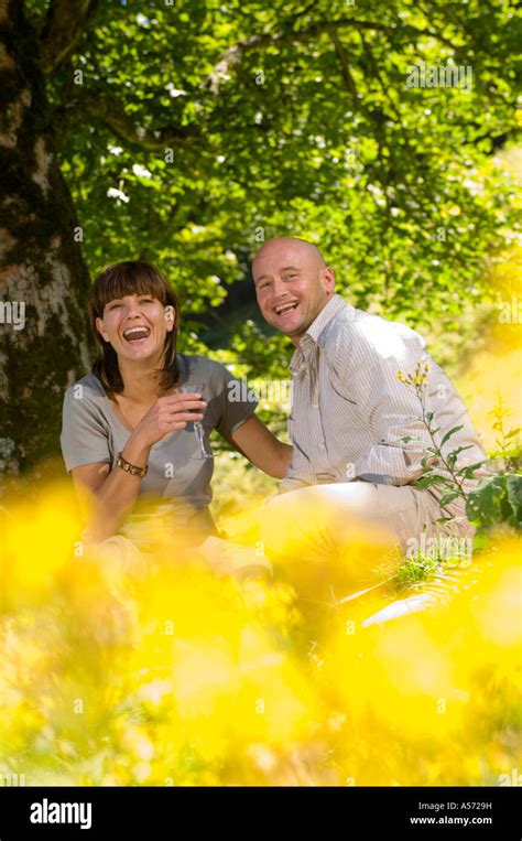 Couple Having Picnic Under Tree Smiling Stock Photo Alamy