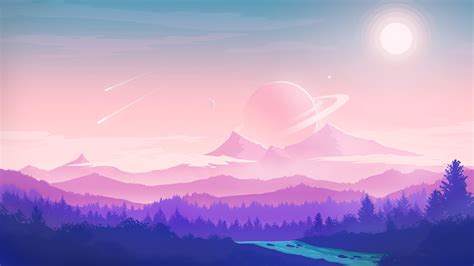 Planet Sky Mountains Forest Skyscape Comet Illustration Digital Art Trees Sun