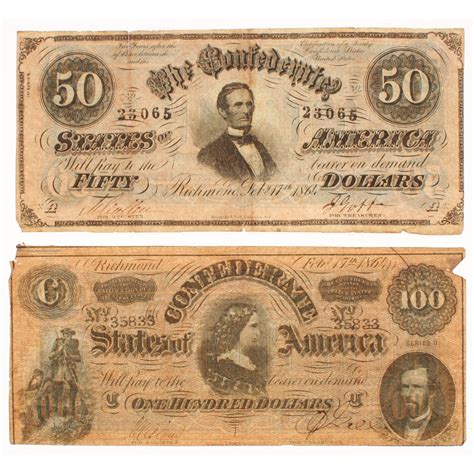 When the confederacy was disbanded as a political entity following the end of the civil war, the currency lost all existing value as a medium of exchange. Lot of (2) 1864 Confederate Bank Notes with $100 & $50 | Pristine Auction