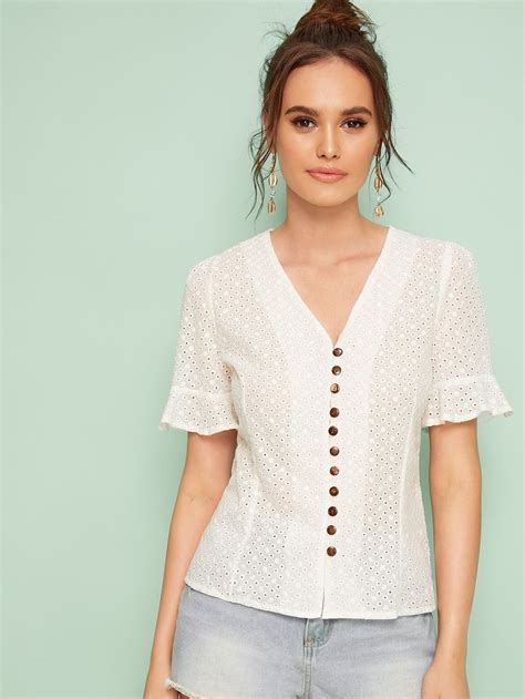 Eyelet Embroidery V Neck Button Front Blouse Shein Women Blouses