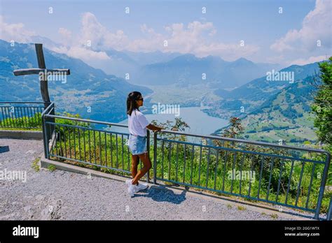 Lake Walensee Switzerland Europe Viewpoint Over The Walensee Woman