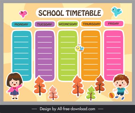 School Timetable Template Colorful Cute Kids Birds Decor Vectors Images