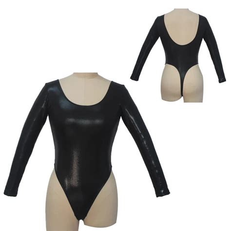 Black Women Leotard Long Sleeve Thong Low Back Nylonlycra Spotted Pattern Sexy Bodysuit Pole