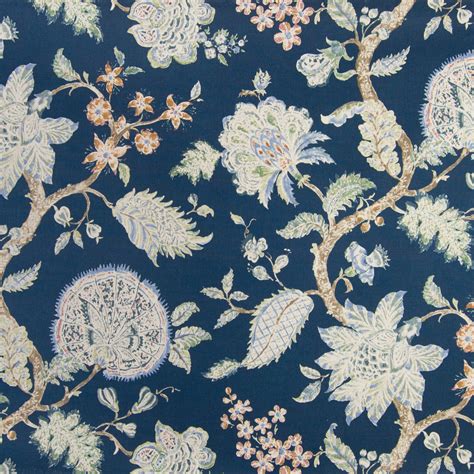 Indigo Blue Floral Prints Upholstery Fabric