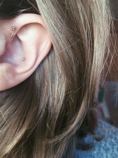 Tiny Gold And Turquoise Earrings Double Forward Helix Conch Piercings