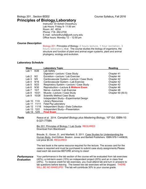 Biology 201 Lab Syllabus