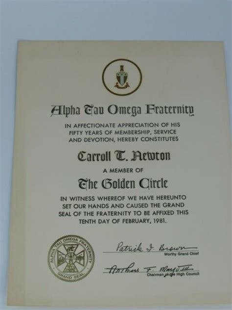 Vintage 1981 Alpha Tau Omega Fraternity Golden Circle Certificate 28847