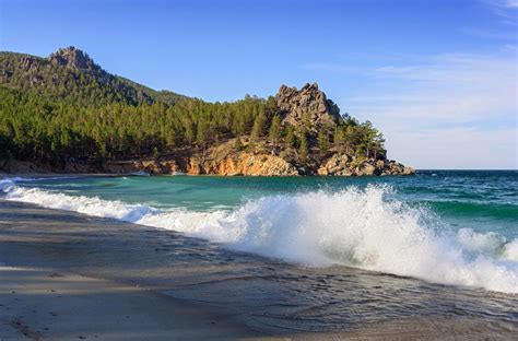Hd Wallpaper Russia Lake Baikal Beach Sand Waves Forest Tree Stones Rock