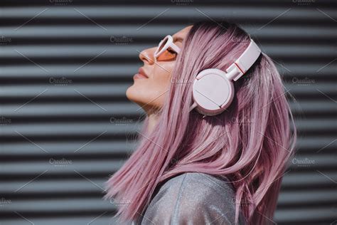 Woman With Headphones Containing Female Woman And Girl Girl With Headphones Purple Hair