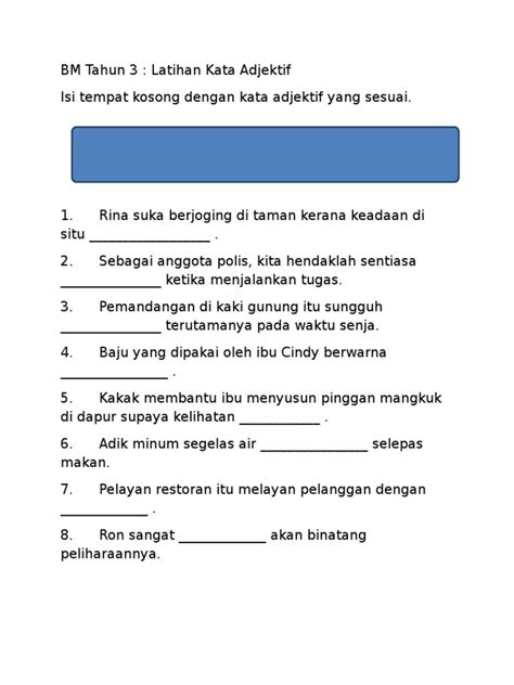 Menjawab soalan yang diberikan dengan betul. BM Tahun 3- Latihan Kata Adjektif