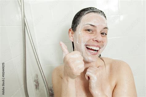 Shower Woman Happy Smiling Woman Washing Shoulder Showering In Stock Foto Adobe Stock