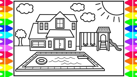 How To Draw A House With A Pool For Kids 💚💙💜 House With Pool Drawing