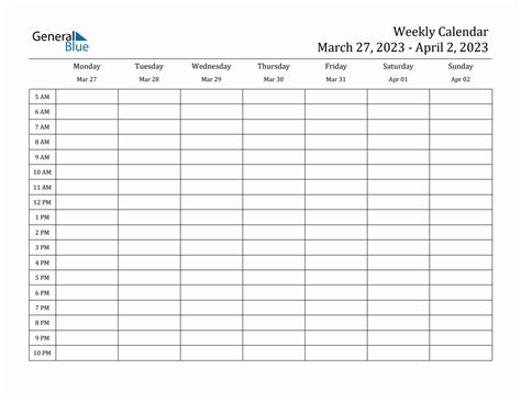 Weekly Calendar With Time Slots Week Of March 27 2023