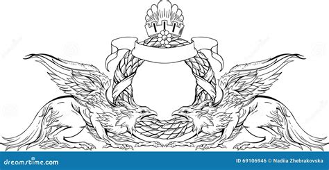 Two Griffins And Heraldic Sign Black And White Stock Vector