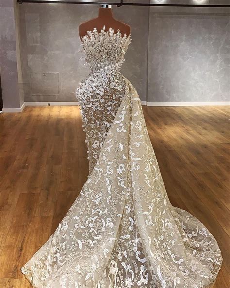 Gorgeous Pearls Mermaid Wedding Dresses Bride Gowns With Detachable Train African Nigerian