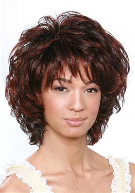 Short Curly Dark Brown Mixed Color Layered Hairstyle With Full Bangs