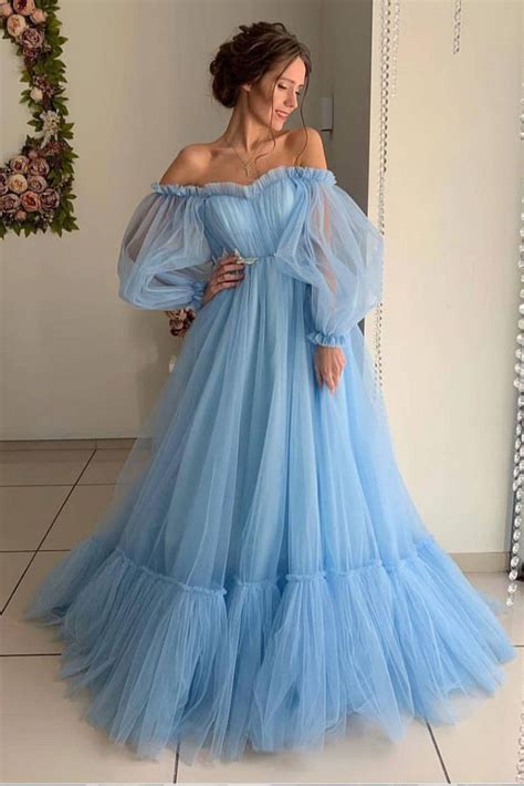Sky Blue Tulle Off The Shoulder Long Prom Dress Elegant Evening