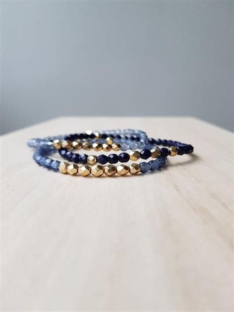 Minimalist Navy Blue And Gold Stretch Bracelet Dark Blue Dainty Bead