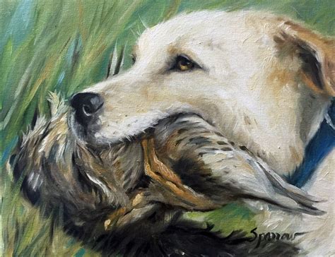 Original Oil Painting Of Yellow Labrador Retriever Lab Hunting Dog By