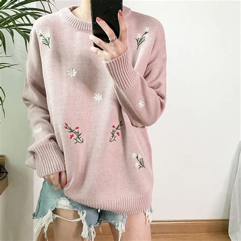 Kawaii Women Floral Sweater Chic Embroidery Pullovers Sweet Loose