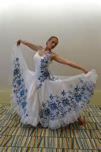 elegant white  blue flower ballroom dress