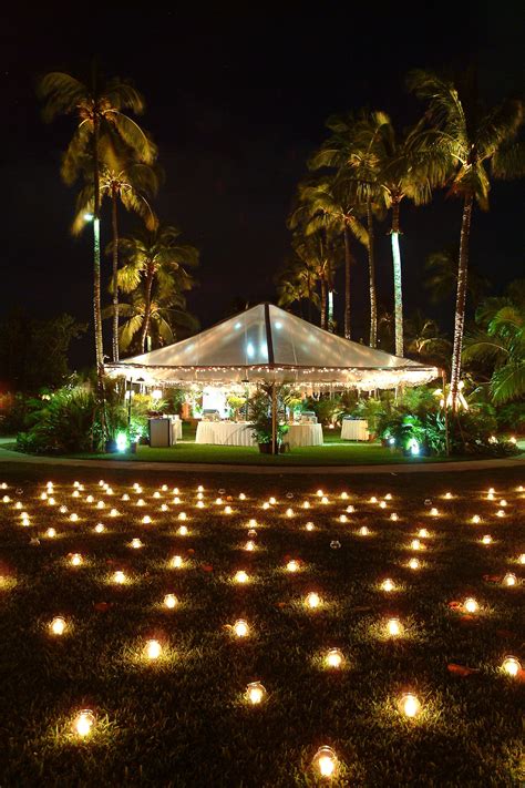 Many Lit Candles Are Placed In The Grass Near Palm Trees And A Tent At