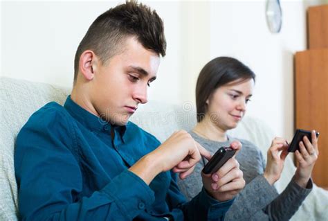Mother And Son With Smartphones At Home Stock Image Image Of 3540