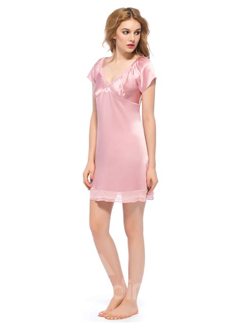 Sweet Pink V Neck Lace Trim Silk Nightgown