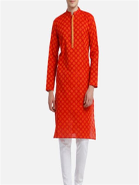 Buy Paroksh Men Red Woven Design Cotton Thread Work Handloom Kurta