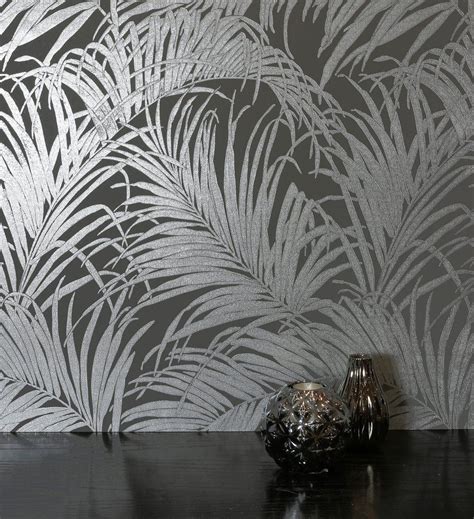 Kiss Foil Palm Greygunmetal Wallpaper Roll Silver Leaf Wallpaper Palm Leaf Wallpaper