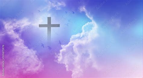 Christian Cross Appeared Bright In The Sky With Soft Fluffy Clouds