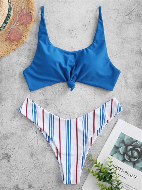 53 Off 2021 Zaful Contrast Striped Knotted Bikini Set In Ocean Blue