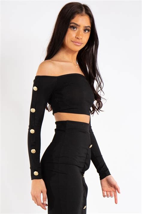 Abigail Black Long Skirt And Crop Top Button Coord