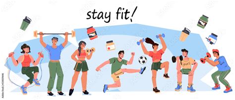 sport active lifestyle banner concept with people doing sports flat cartoon vector illustration