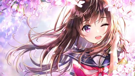 Download 2560x1440 Anime Girl Wink Cherry Blossom Cute