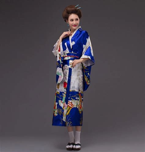 Free Shipping Blue Yukata Japanese Women S Silk Kimono Vintage Original Tradition Dress With Obi