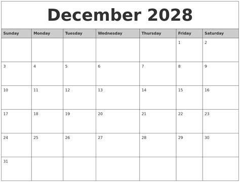 December 2028 Monthly Calendar Printable