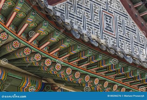 Detail Of Traditional Korean Roof Colourful Decorated Ornament Stock