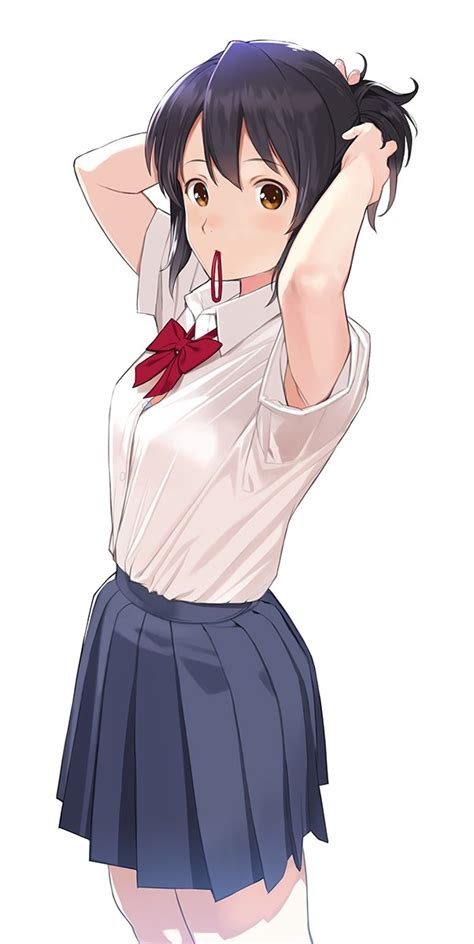 mibu natsuki miyamizu mitsuha kimi no na wa highres 10s 1girl adjusting hair armpit peek