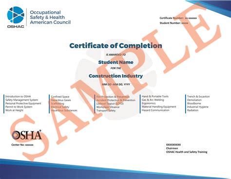 Construction Industry Sample Certificate Occupational Health And