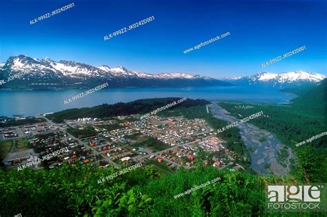 View Of The Coastal Town Of Valdez From A Ridgeline Above Town Stock