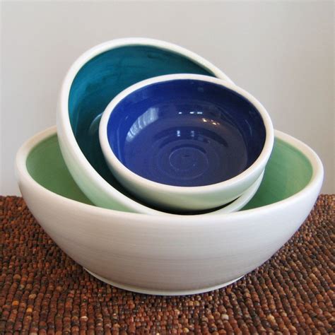 Pottery Nesting Bowls In Cool Tones Stoneware Ceramic Bowl Etsy